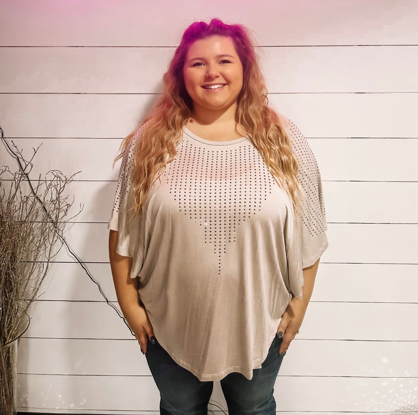 Curvy Rhinestone Wing Sleeve Top
