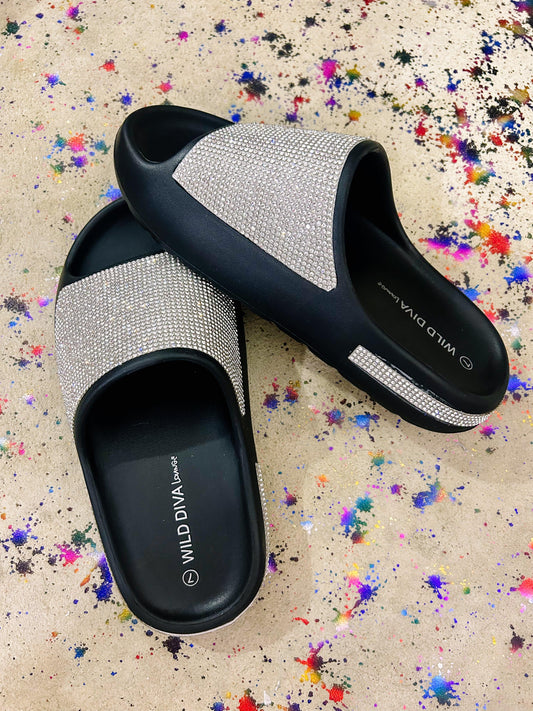 Rhinestone Rubber Slide Sandals - BeLoved Boutique 