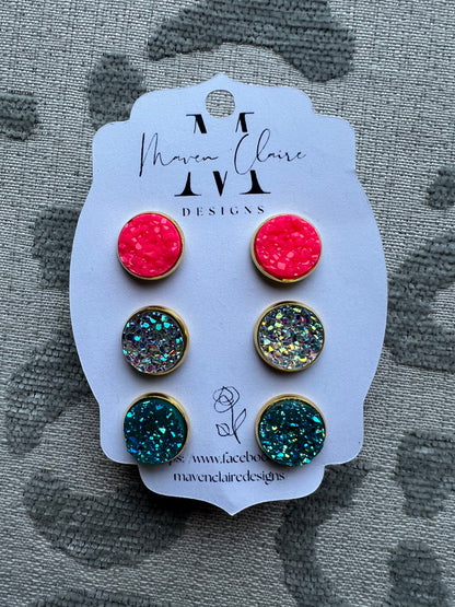 3 Pc Druzy Stud Set Earrings - BeLoved Boutique 