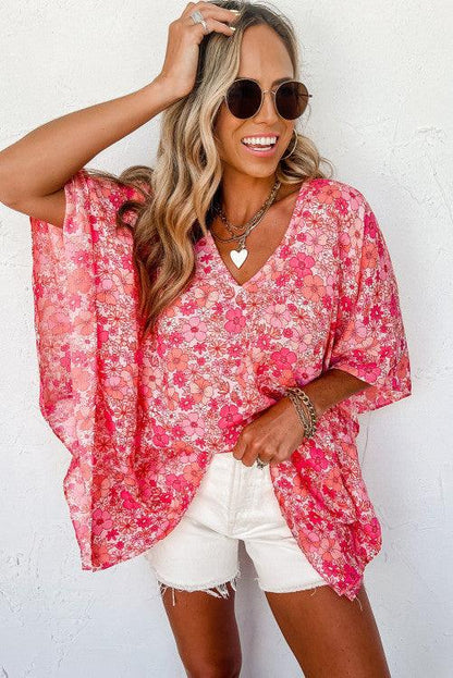 Boho Floral V-Neck Kimono Blouse - BeLoved Boutique 