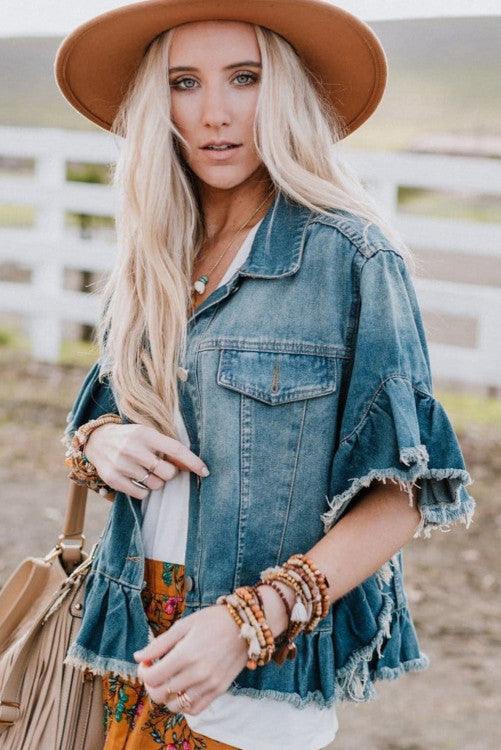 Raw Edge Ruffled S/S Denim Jacket - BeLoved Boutique 