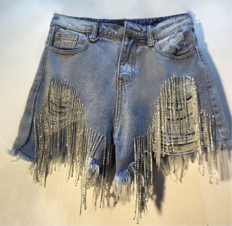 Rhinestone Fringe Denim Shorts - BeLoved Boutique 