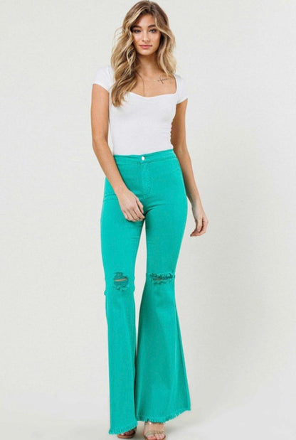 Green Distressed Flare Denim Pants - BeLoved Boutique 