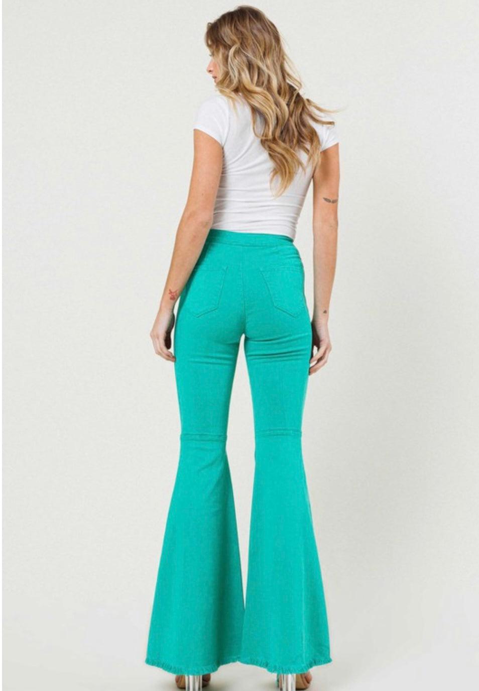 Green Distressed Flare Denim Pants - BeLoved Boutique 
